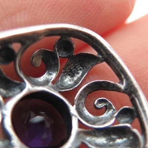 925 Sterling Silver Vintage Real Amethyst Floral Oxidized Dangle Earrings - Picture 7 of 7